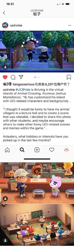 A social media post from the University of California Irvine campus. It details alumnus Joshua Montefalcon and the images he took and shared within the game Animal Crossing: New Horizons which he organized in a way to relate to UCI.