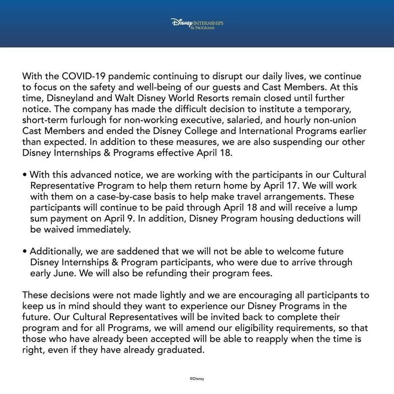 A screen shot from the Disney Internships and Programs that discusses how the program will be suspended due to the pandemic.
