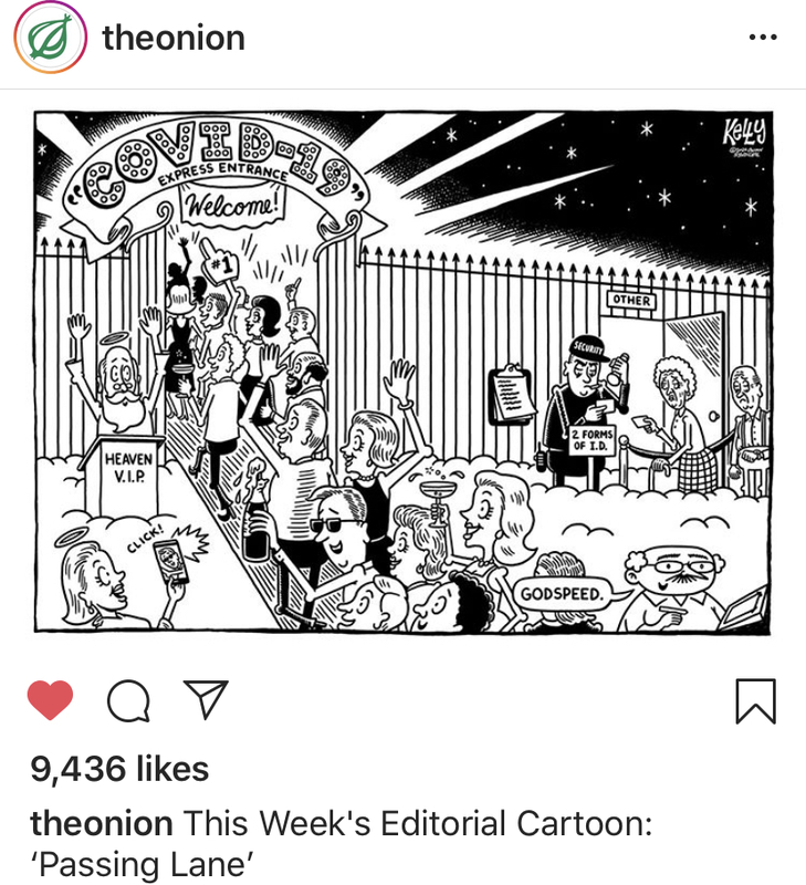 A political cartoon featuring the entrance to heaven and a line of people partying under the sign COVID-19 express entrance. In the background, two elderly people enter a second gate under the sign Other.