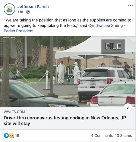 Screenshot of a Facebook post made by Jefferson Parish.