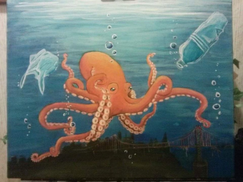 A painting of an octopus in front of an underwater city.