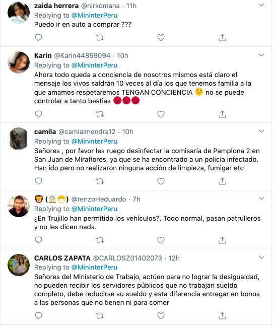 A Twitter screenshot of a posts responding to mininterperu. 