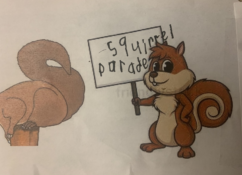 This is a picture of a cartoon squirrel holding a sign that says "squirrel parade".