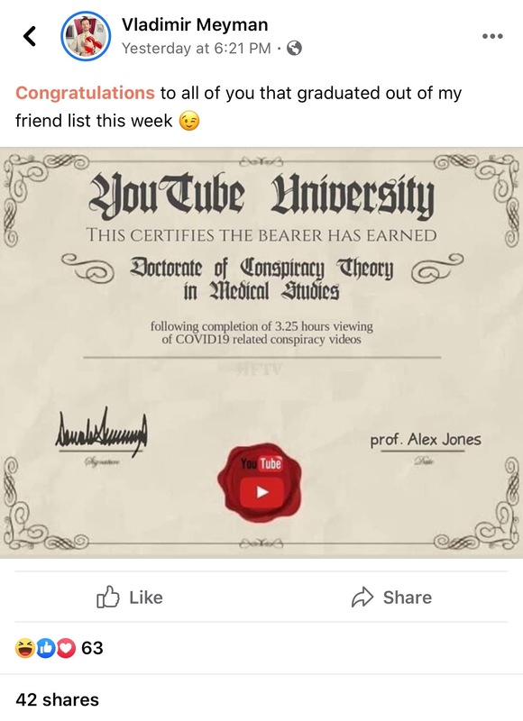 Screenshot of a Facebook post by Vladimir Meyman. The post is a "Youtube University" diploma, and he has captioned it, "Congratulations to all of you that graduated out of my friend list this week."