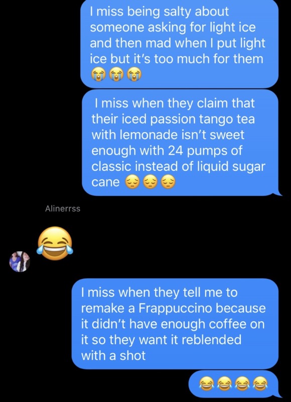 screen shot of texts about working at Starbucks