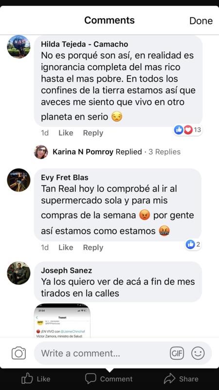 A screenshot of Facebook comments in Spanish.