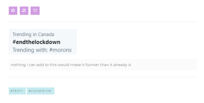 Screenshot of the trending twitter hashtag #endthelockdown, which was trending alongside the hashtag #morons.