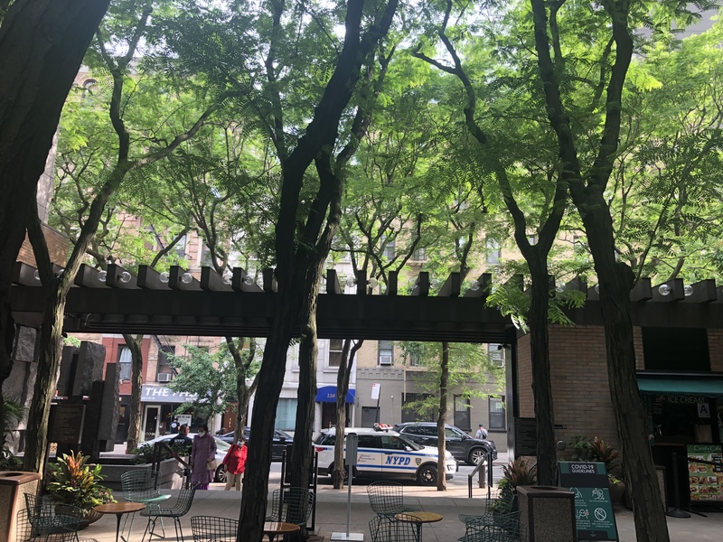 This is a picture of a public space in NYC, were various tables, chairs, and trees can be seen. Nearby, a NYPD car can be seen parked on the street.