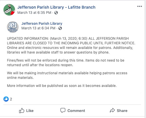 A social media post from Jefferson Parish Library.
