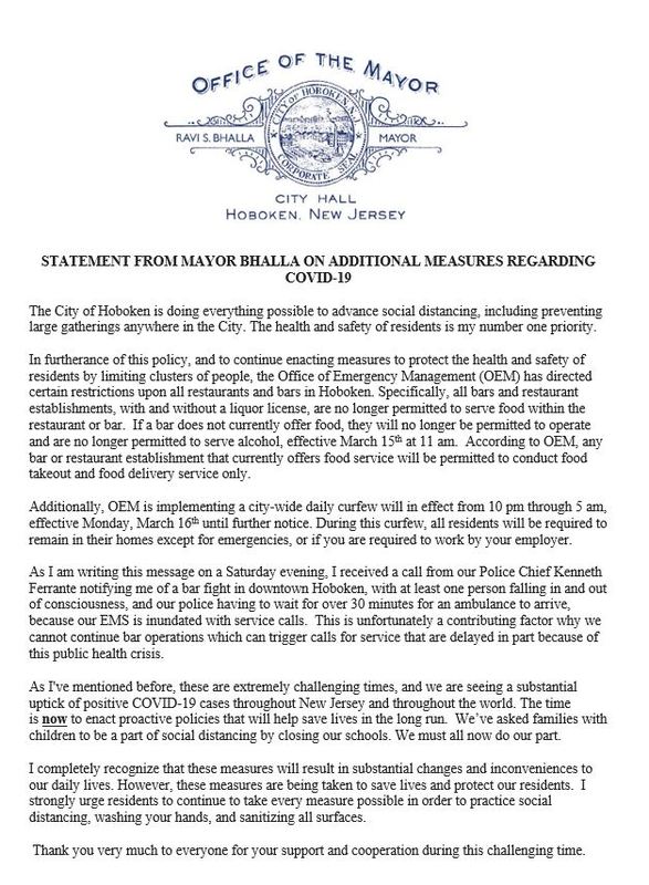 A screenshot of a letter from the Mayor from the city of Hoboken, New Jersey.