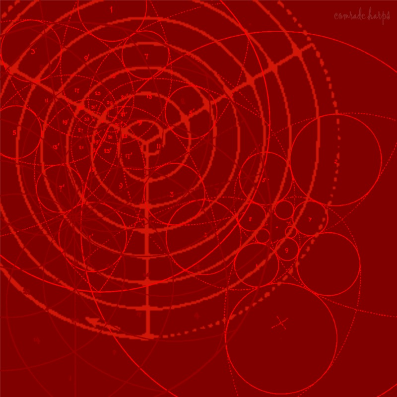 A piece of art that is made up of various circles, the entire piece is red.