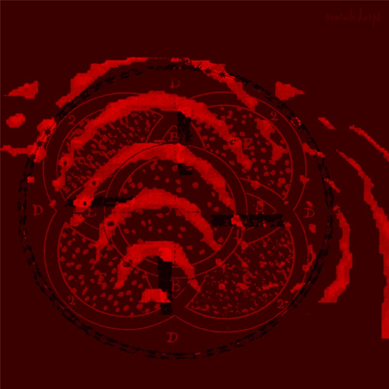 A piece of artwork that has numerous symbols overlapping each other. The artwork is red and black.