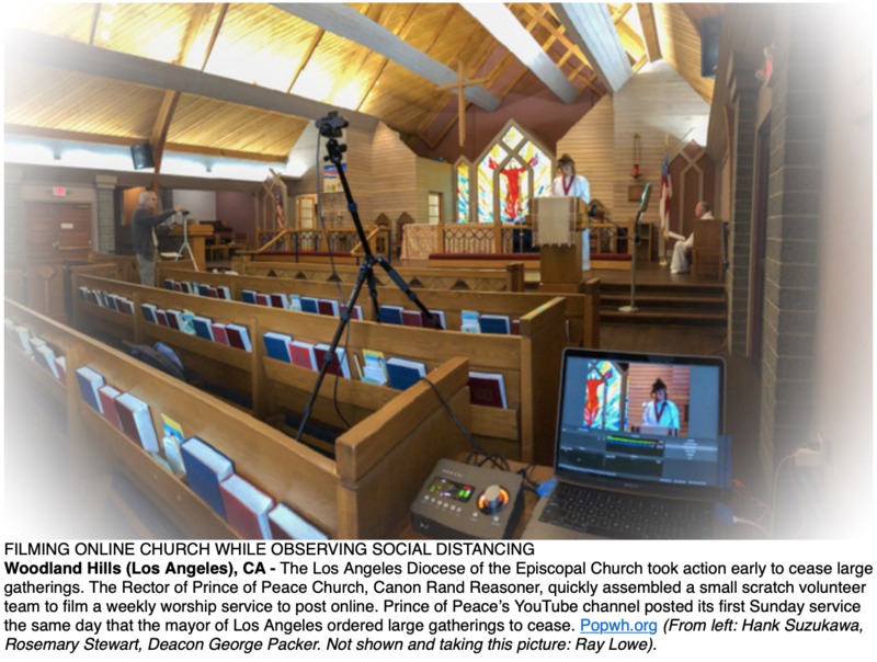 Photo of a church that is empty except for a priest and a video camera with text below stating, "FILMING ONLINE CHURCH WHILE OBSERVING SOCIAL DISTANCING"