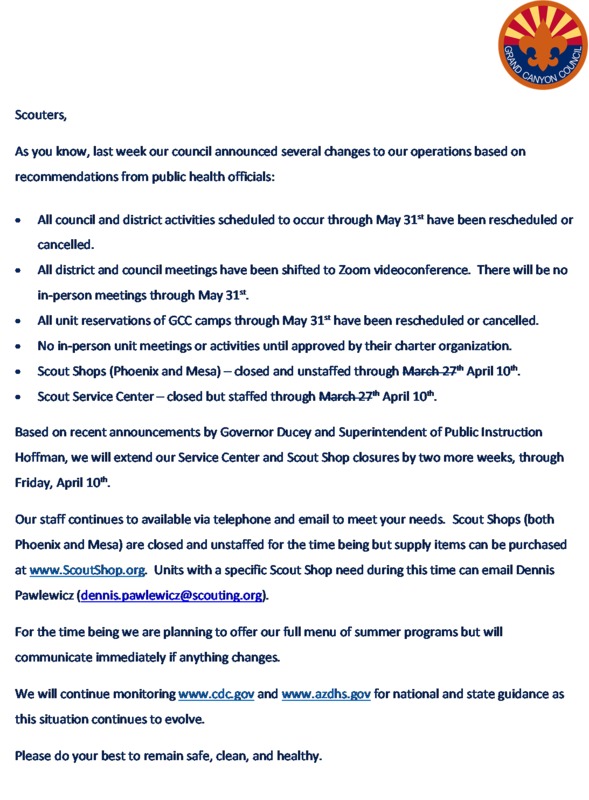 A screenshot of an announcement that was sent out by the Grand Canyon Council.