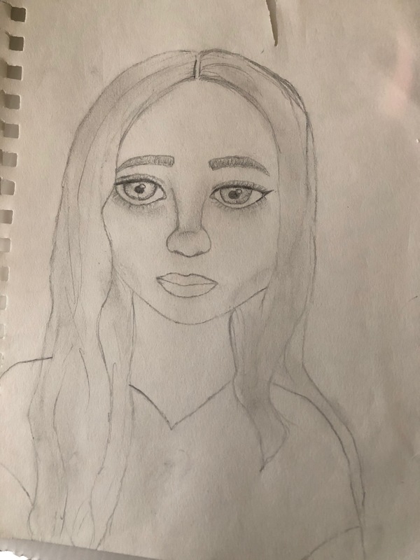 Pencil drawing of the artist depiction of a female with wide eyes, long button nose, full lips, full eyebrows, long hair, and only showing down to the upper chest covered by shirt.