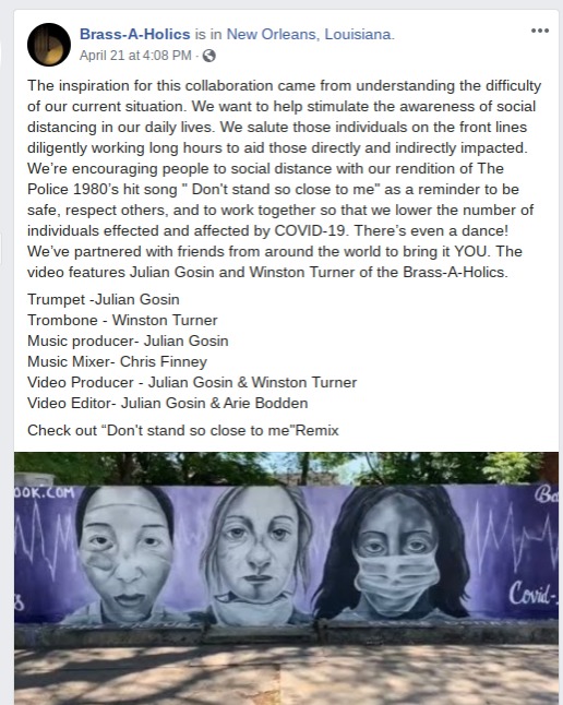 Social media post by "Brass-A-Holics" with photo of a mural that has a purple background and three people: one with a sore on their cheek an short hair (left), one with a facemask under their chin and sores on their nose with longer hair that looks pulled back (middle), and one with a facemask on with long dark hair. All are suppose to represent frontline workers during COVID-19 and all are depicted as exhausted.