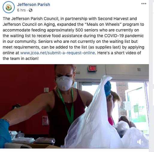 Screenshot of a Facebook post made by Jefferson Parish.
