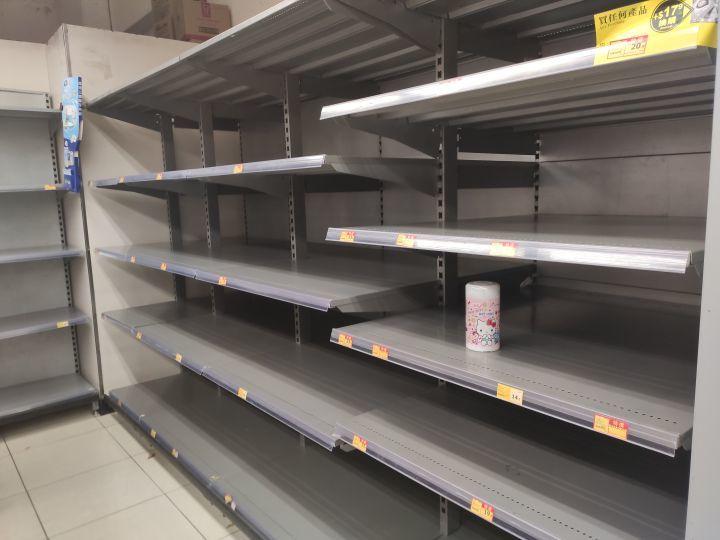 A store with empty shelves. 