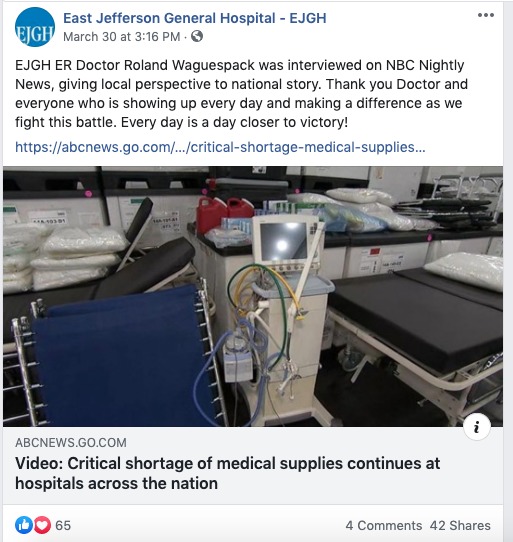 A social media post from East Jefferson General Hospital.