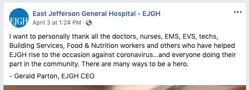 A social media post from East Jefferson General Hospital.
