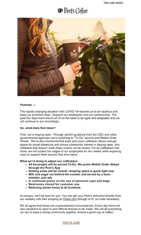 A screenshot of an email from Peet's Coffee to their patrons.