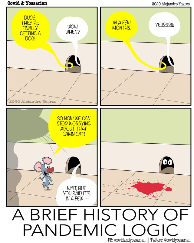 A Brief History of Pandemic Logic

Dude, They're finally getting a dog!

Wow. When?

In a few months!

Yessss!!!

So now we can stop worrying about that damn cat!

Wait, but you said it's in a few-

