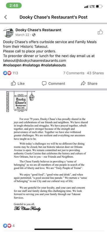 A social media post from Dooky Chase's Restaurant.