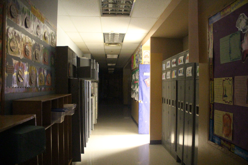 An empty school hallway.