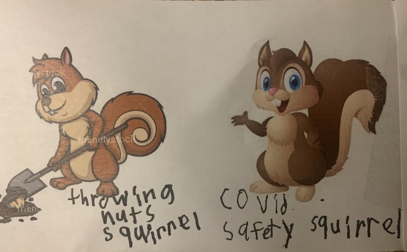 This is a picture taken of two cartoon squirrels. One of the squirrels is burying an acorn with a shovel, and has the words "throwing nuts squirrel" written under it. The second squirrel is smiling, with the words "COVID safety squirrel" underneath it.