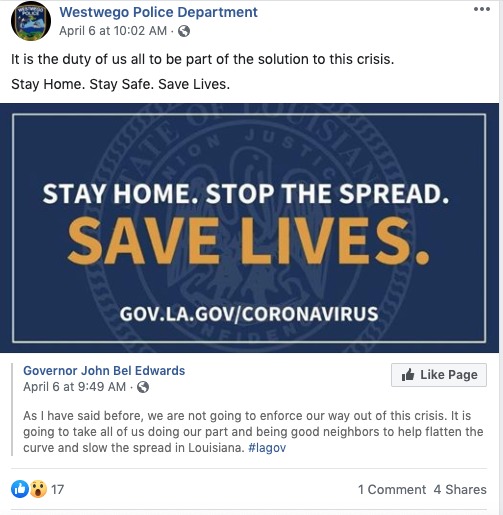 A social media post from Westwego Police Department.