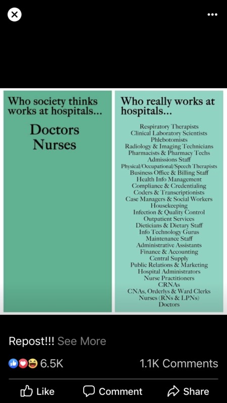 Screenshot of a Facebook post about who all works at a hospital.