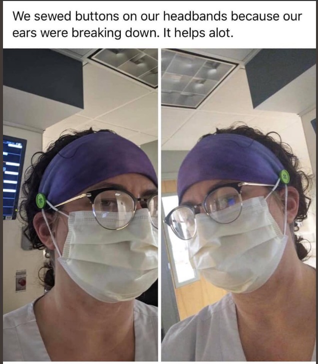 A nurse is wearing glass and a purple headband. The nurse has a face mask on with the ears of the mask attached to buttons that are sewn on the headband.