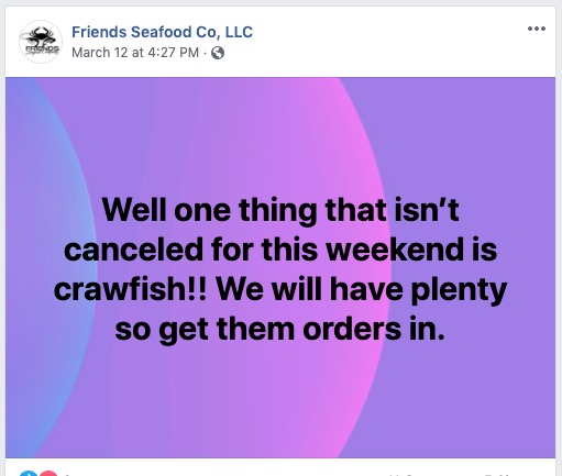 A social media post from Friends Seafood Co.