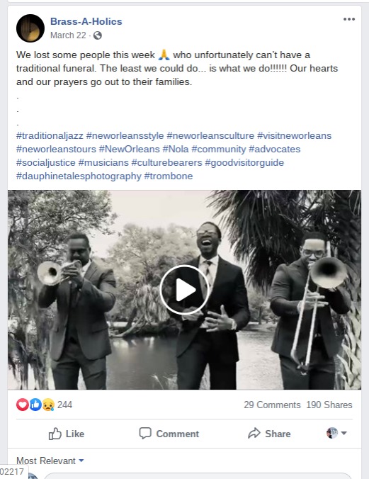Social media post by "Brass-A-Holics" in March of 2020 with a video clip of three jazz players in suits: one playing trumpet (left), one singing (middle), and one playing trombone (right).
