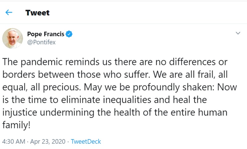 A social media post from Pope Francis.