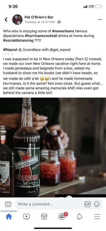 A screenshot of a Facebook post by Pat O'Brien's Bar, located in New Orleans.