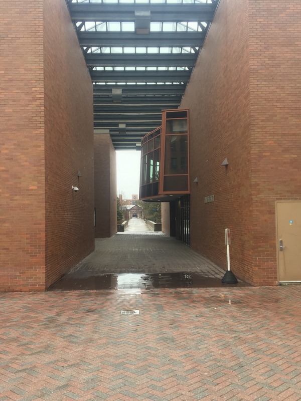 An empty walkway at Rochester Institute of Technology.