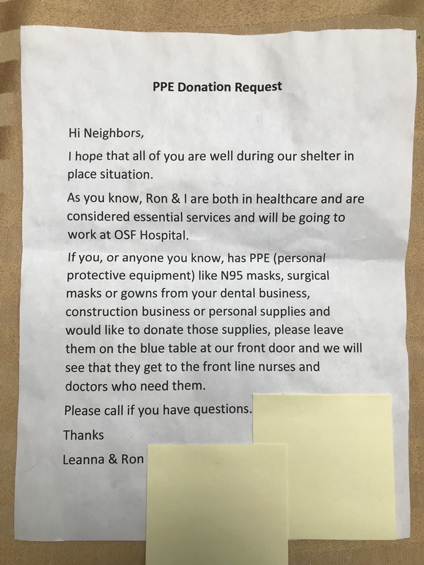 A paper from neighbors to other neighbors asking for personal protective equipment donations to a local hospital.
