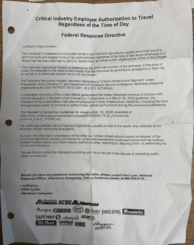 Image of a letter entitled "Critical Industry Employee Authorization to Travel Regardless of the Time of Day" from Albertsons, to an employee.