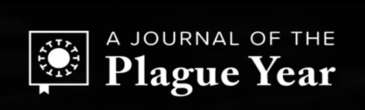 This is a picture of a banner, which is the logo for JOTPY. The banner reads "Journal of the Plague Year", with the image of a COVID-19 germ beside it.
