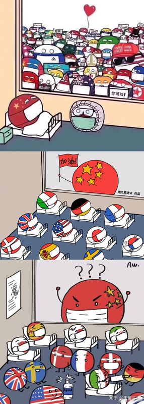 A three-panel comic, it has circular characters representing countries. The countries are looking at each other through a medical window. 