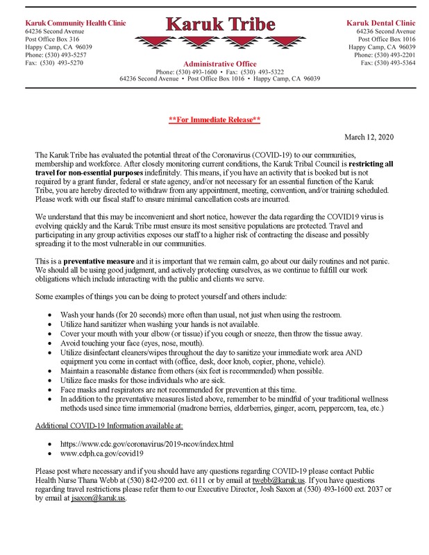 Announcement from Karuk Tribe.