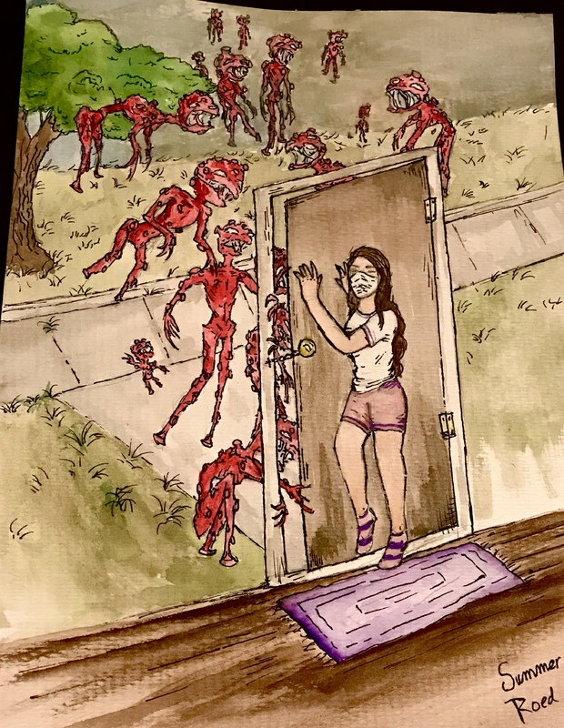 A painting of a person hiding from monsters.