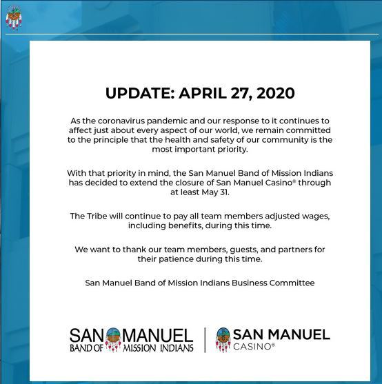 Announcement from San Manuel Band of Mission Indians.
