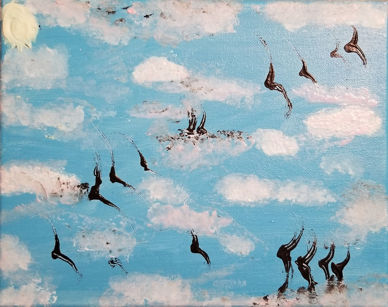 A painting of the sky with clouds and birds.