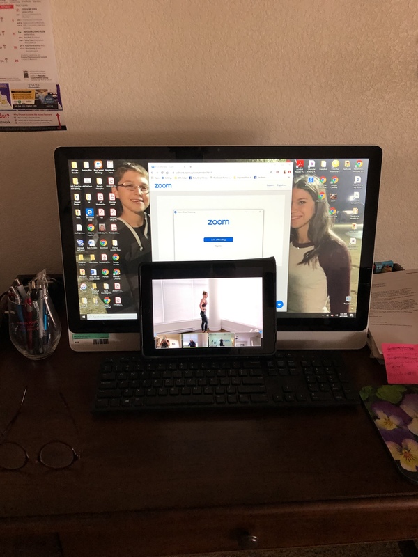 Multiple people in a zoom meeting standing up.