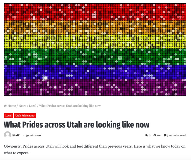 Screenshot of Pride across Utah article with glittery rainbow.