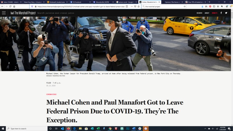 A screenshot of an article titled "Michael Cohen and Paul Manafort Got to Leave Federal Prison Due to COVID-19. They're the Exception".