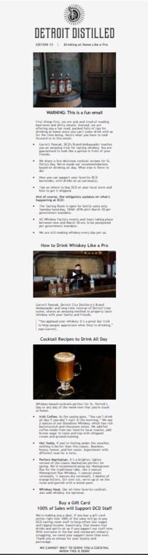 A screenshot of an email from Detroit City Distilleries to their patrons.