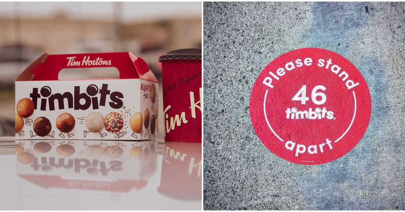This is a picture consisting of two images; a picture of a Tim Horton's box labeled "timbits", and a picture of a sticker on the ground which says "please stand 46 timbits apart".